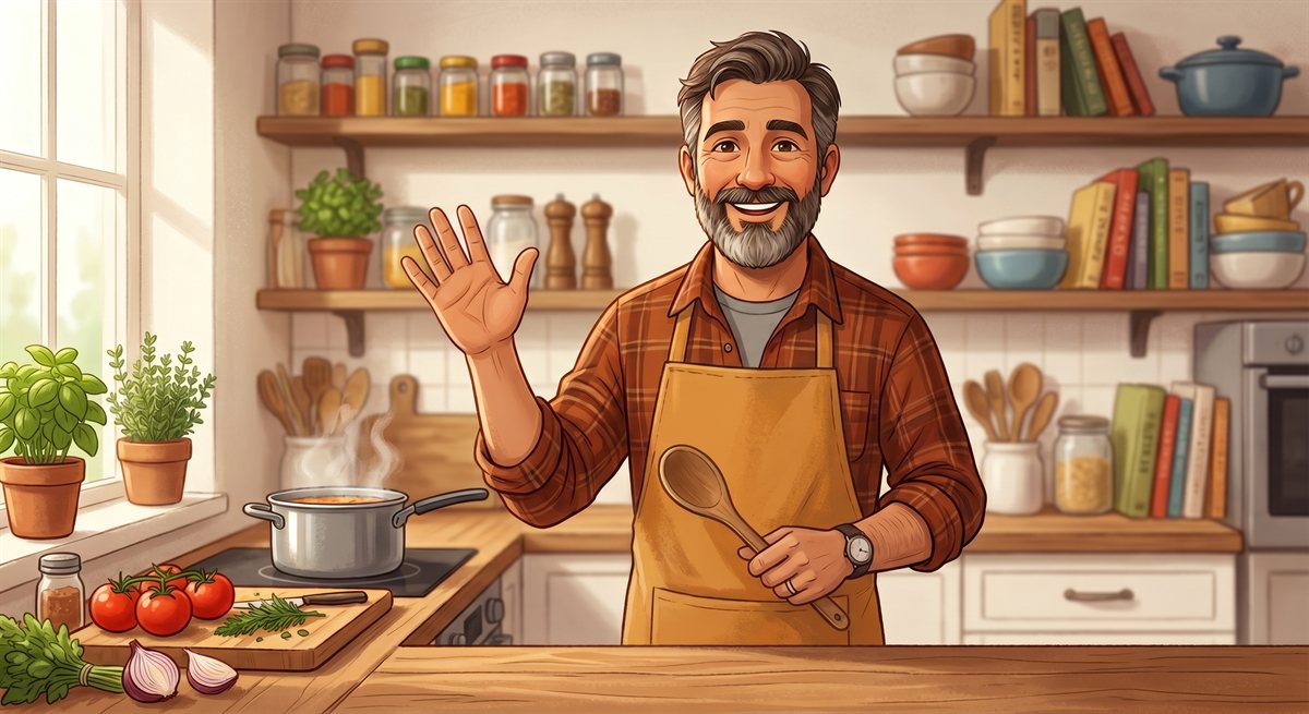 Pops waving from his kitchen, ready to teach you to cook
